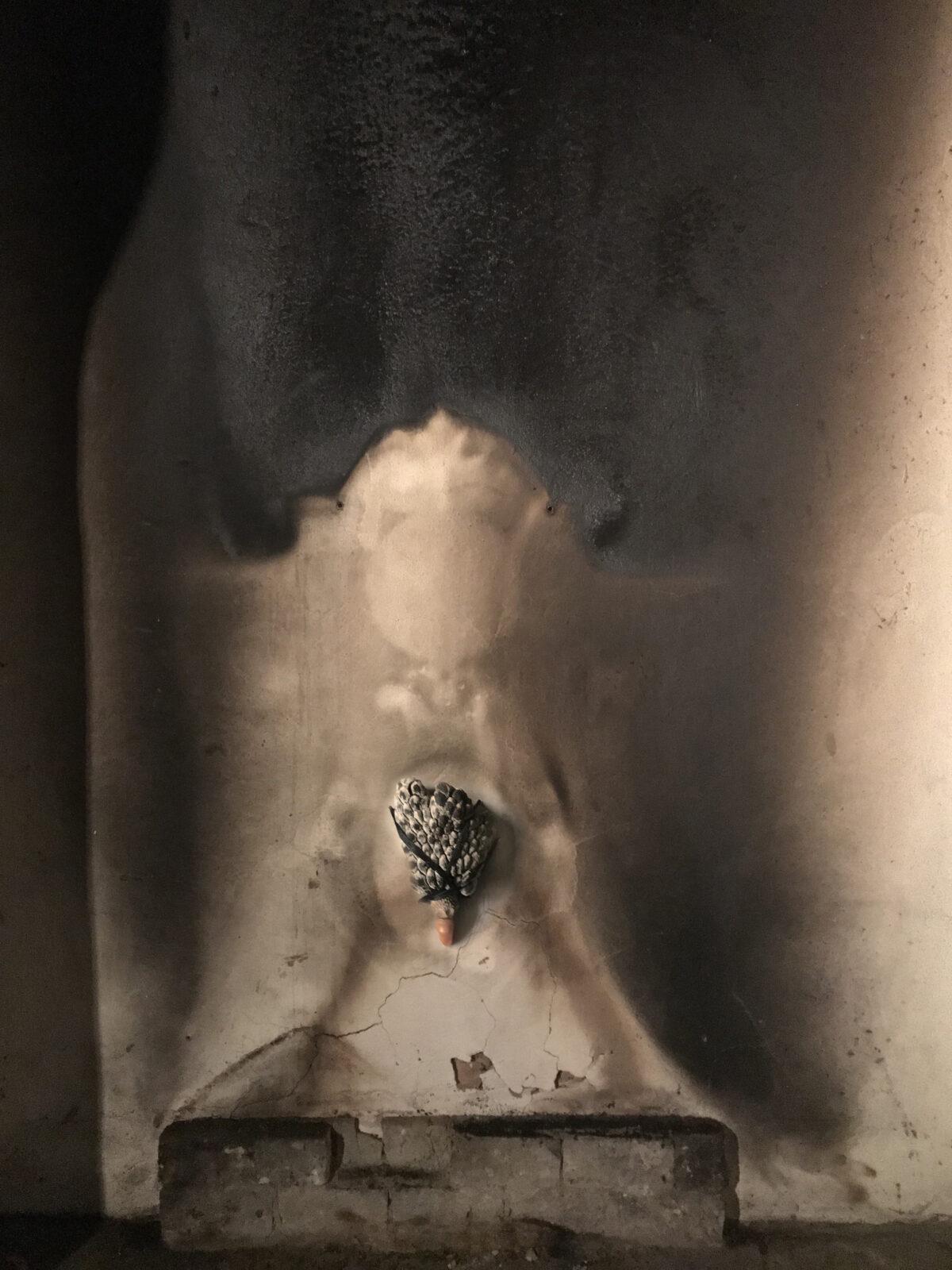 Mireille Robbe, Porte Relique, Foto, magnolia stamper, rode bijenwas, zwarte draad, 2020, 57 x 71 cm