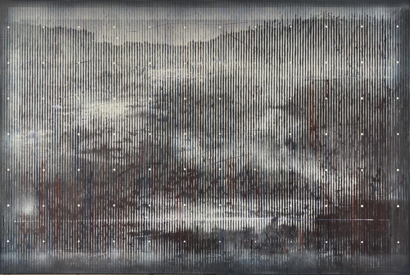 Patrick Ceyssens, The place of meaning is nervous #5, olie op doek, mesh canvas, spraypaint, 120 x 80 cm